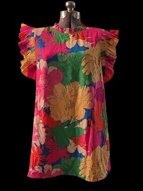 Size L Jodifl Abstract Floral Mini Dress Ruffle Sleeves Pockets!